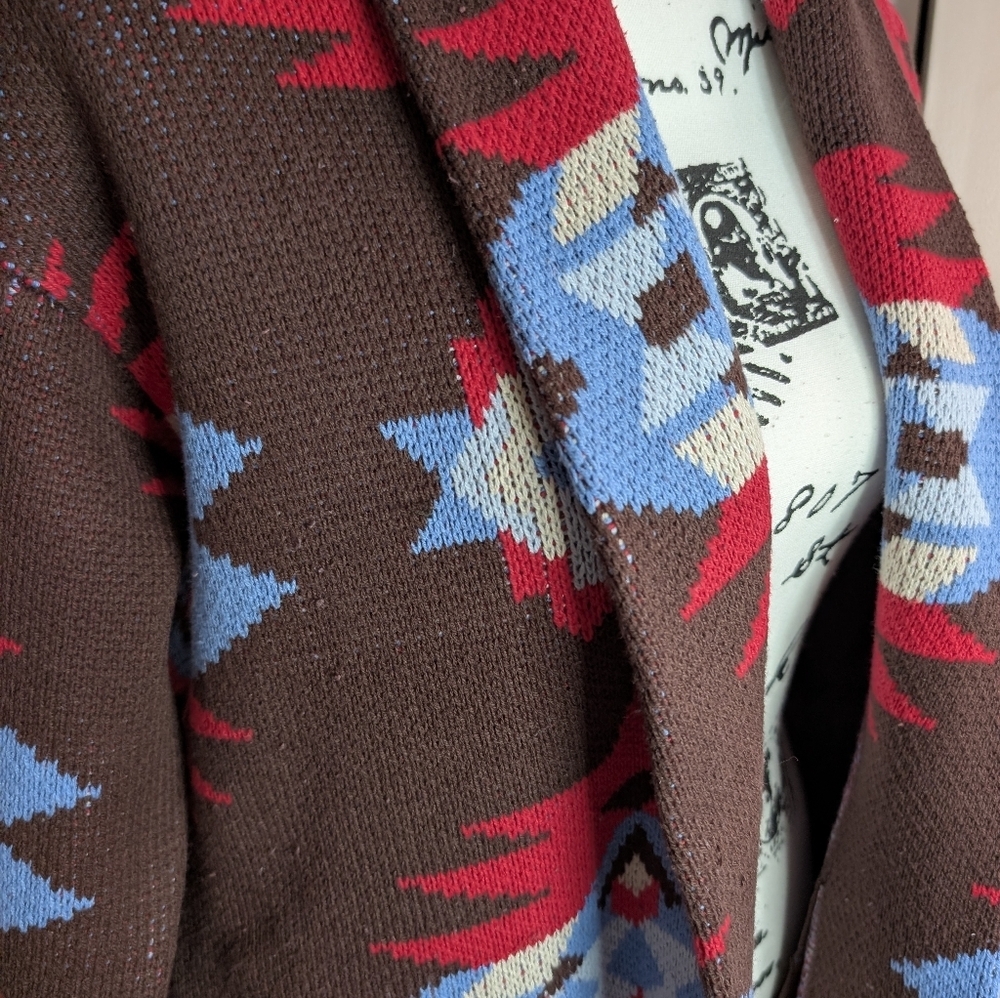 NWT Lucky Brand Aztec Pattern Open Front Cardigan - Brown, Red & Light Blue - Picture 2 of 6